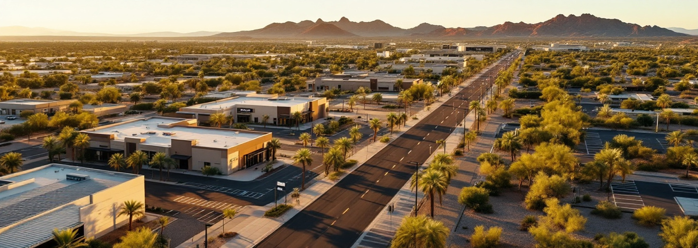 Aerial view of a modern Arizona commercial corridor at golden hour — low-rise office and retail buildings, palm trees, desert xeriscape landscaping, and distant red-rock mountains.